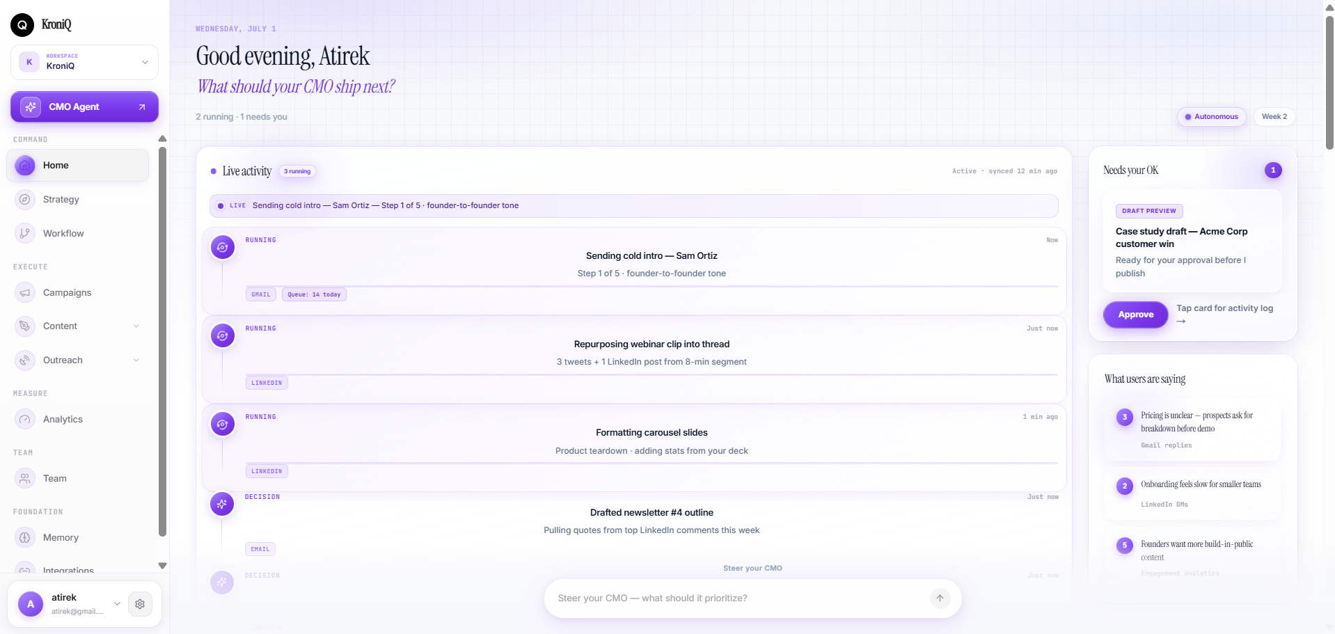 KroniQ autonomous CMO dashboard